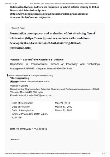 Fast Dissolving Film | Hydroxypropyl Methylcellulose | Polyvinyl Alcohol | Solvent Casting | Telmisartan